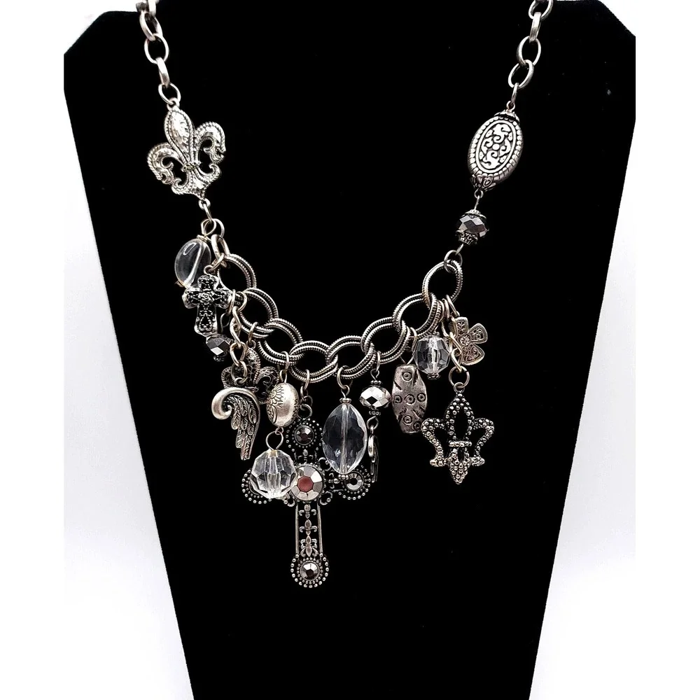 Silver Charm Necklace Cross Rhinestone Fleur De Lis Gothic - Picture 3 of 8